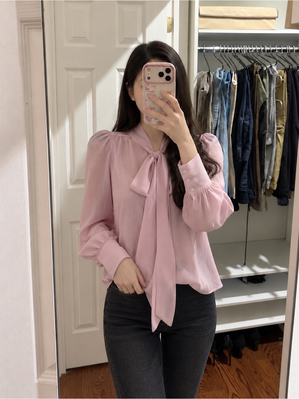 Pink Bow Tie Long Sleeve Blouse One Size